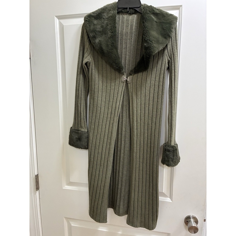 SHEIN Cozy‎ Cottagecore Olive Ribbed Duster Cardigan Faux Fur Trim S